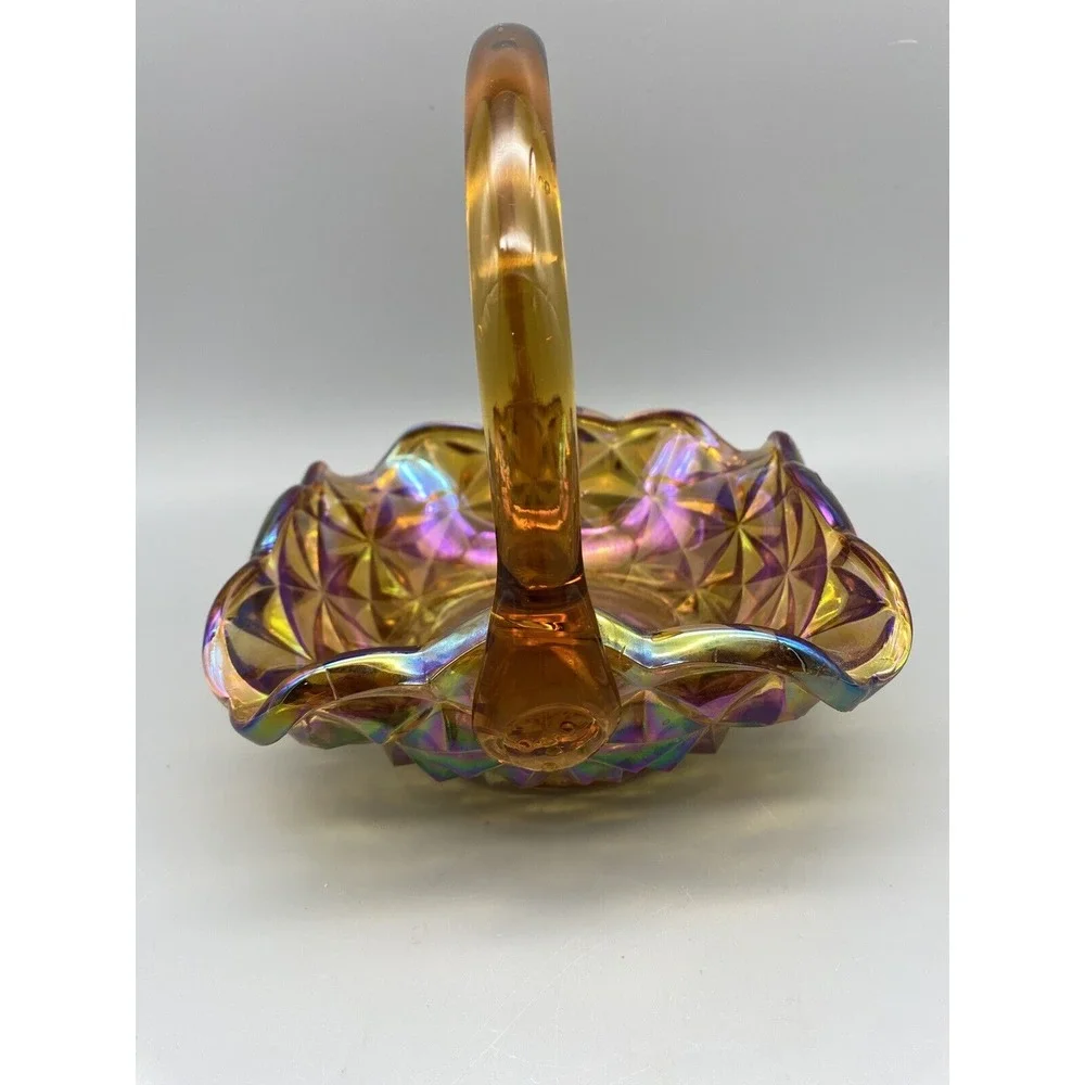 Vintage Indiana Glass Monticello Yellow Mist  Carnival Glass Basket‎ With Handle